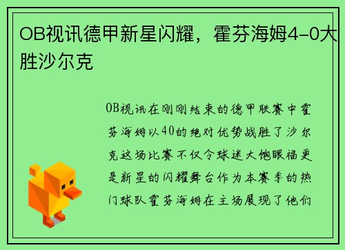OB视讯德甲新星闪耀，霍芬海姆4-0大胜沙尔克